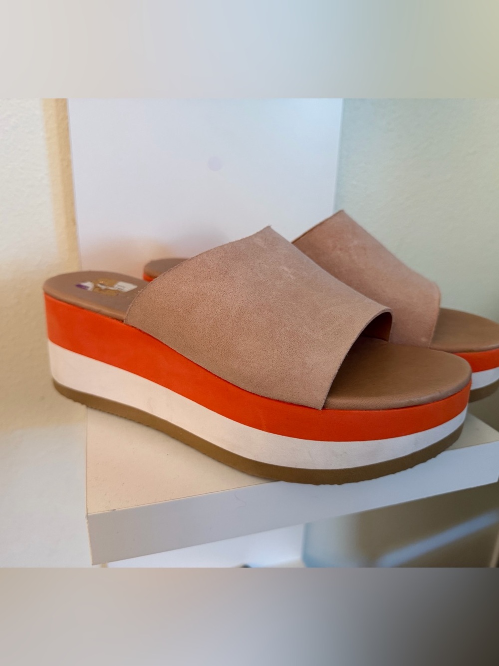Matisse Tan Suede Platform Slide Mules with Orange and White Striping